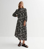 New Look Black Floral High Neck Long Puff Sleeve Midi Dress